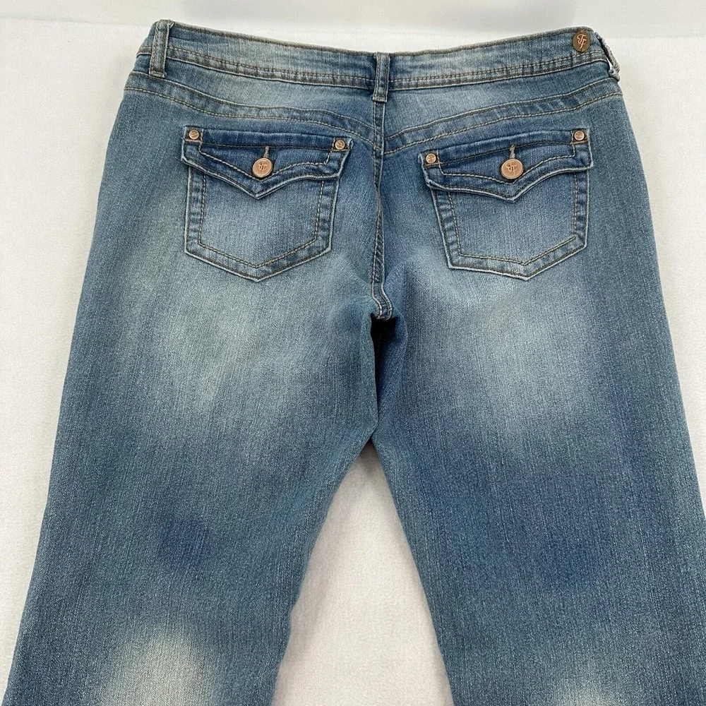True Freedom Women 32 Flare Jeans Blue Guitar Peace Patch Frayed Hem  Hippie Y2K